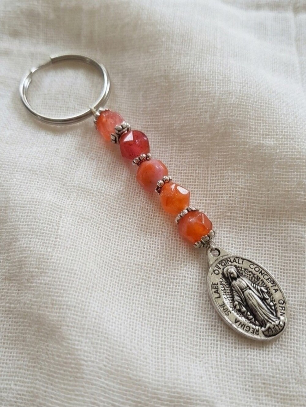 Rhodochrosite Beaded Religious Medal Keychain
